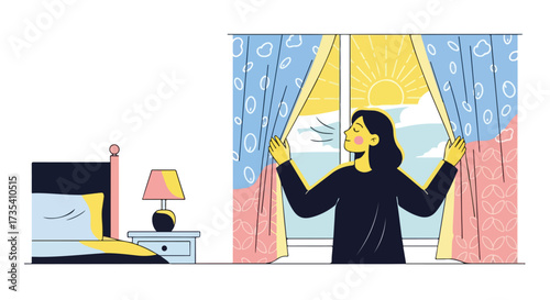 Waking up to a new day, woman opening curtains in cozy bedroom letting sunlight in, feeling happy and fresh air in the morning enjoying the scene