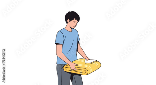Young man carrying a neatly folded yellow blanket with a focused expression in a minimalist cartoon style, on a plain background