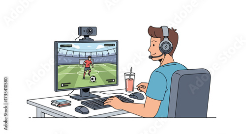 Gamer immersed in virtual soccer match on a modern computer setup for streaming and online gaming experience