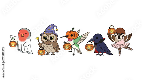Whimsical Halloween Birds in Costume: A charming and playful illustration, showcasing a collection of birds elegantly costumed for a festive Halloween celebration.