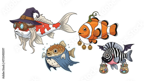 Fantasy Halloween Fish Character Collection: Whimsical illustrations of fish in elaborate Halloween costumes, showcasing creativity and playfulness.