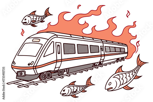 Train on fire with fish around it