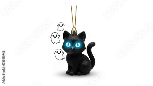 Whimsical Halloween Decoration: A charming black cat ornament with glowing eyes and playful ghost decorations. Perfect for adding a touch of festive magic to the spooky season.