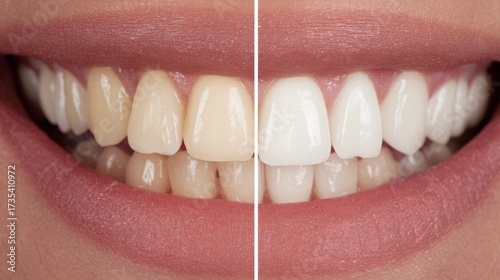Teeth Whitening Concept Image Changing Colors from Yellow to White. Teeth bleaching professionally by dental hygienist with incredible results