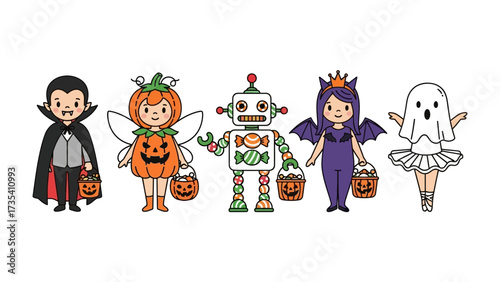 A Halloween Costume Parade: Vibrant line art illustrations showcase a whimsical lineup of children in imaginative costumes, ready for trick-or-treating and Halloween fun!