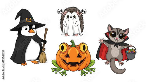 Halloween Cartoon Animals: An adorable set of Halloween-themed cartoon animals, including a witch penguin, a ghost hedgehog, a jack-o'-lantern frog, and a vampire sugar glider.