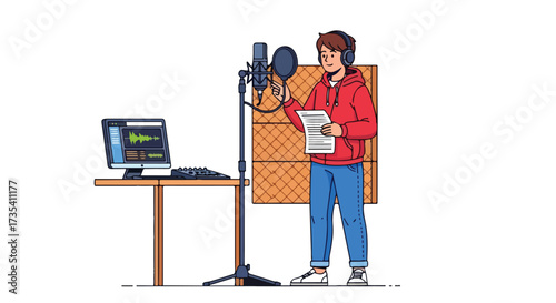 Young artist recording voice-over narration in studio, podcast creator, broadcaster producing content for online audiences and radio talk shows and