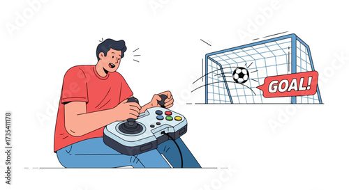 Excited gamer scores a goal in virtual soccer match using a retro-style joystick controller illustration