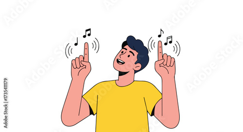 Enthusiastic man feeling the rhythm of music with fingers, radiating positive energy and immersive audio experience in vibrant minimalist style