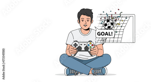 Excited young man celebrates a virtual soccer goal while gaming at home with passion and concentration