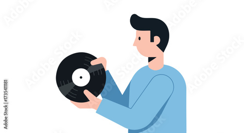 Minimalist illustration of a man holding a vinyl record album in his hands presenting a unique musical experience isolated against a white background