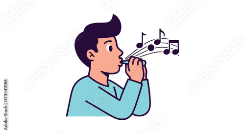 Illustration of a young man playing a small wind instrument with musical notes in the air, creating a cheerful sound animation style