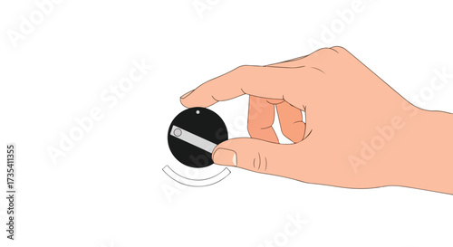 Illustration depicting a human hand turning a black dial against a plain white background showing control and precision design drawing art 3d