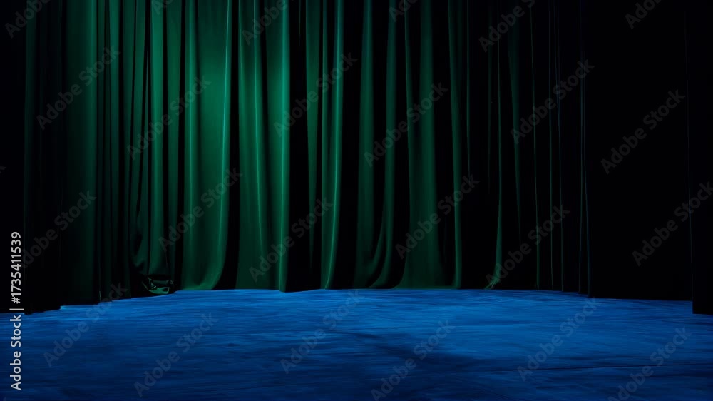Empty theater stage with deep teal curtains and cool blue spotlight on the floor, silky folds and dramatic shadows creating a premium backdrop; elegant cinematic plate for titles