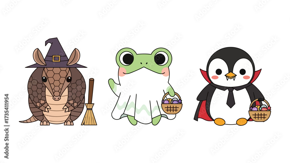 Obraz premium Halloween Cartoon Characters: Whimsical cartoon characters dressed in Halloween costumes, each one ready for a night of trick-or-treating. Capture a moment of joy and festivity.