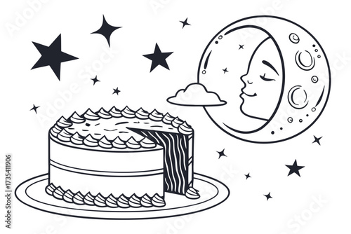 Birthday cake with a slice missing under the moon