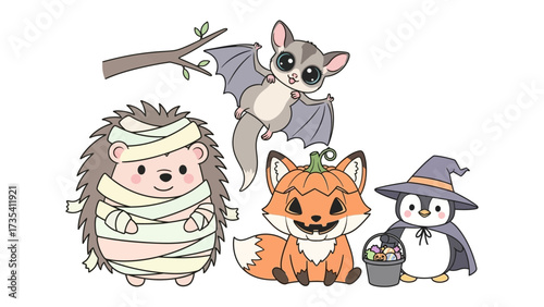Halloween Animal Friends: A cute illustration showcases a charming ensemble of creatures – hedgehog, bat, fox, and penguin, all decked out in adorable costumes, ready for Halloween festivities.