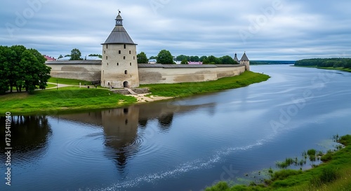 Pskov Krom - A Historic Fortress Reflected in the Velikaya River.