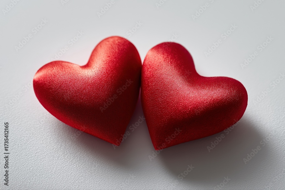 Fototapeta premium Two red heart-shaped cushions on white surface