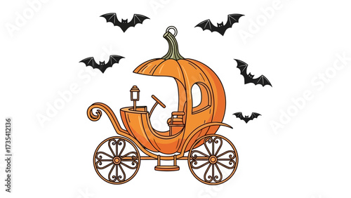 Halloween Pumpkin Carriage: A whimsical pumpkin carriage with intricate details and bats. Perfect for Halloween celebration.