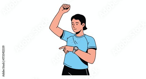 Illustration of a cheerful young man pointing to the side while raising a clenched fist in a motivational or celebratory gesture full of optimism