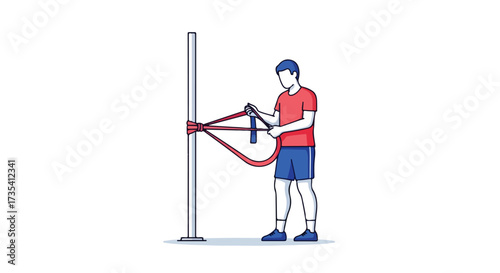 Illustration of a man exercising with resistance bands attached to a pole for rehabilitation and fitness program training routine