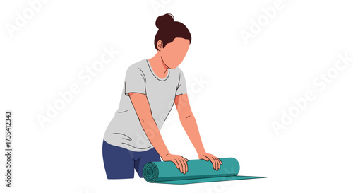 Woman rolling a yoga mat after workout in a bright and clean environment, demonstrating health and lifestyle practices emphasizing mental and