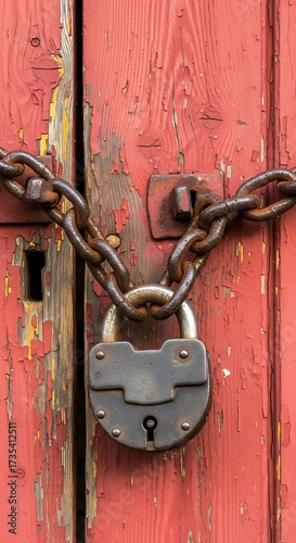 Locked Red Door - Security and Protection with Chain and Padlock.