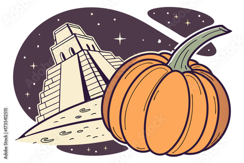 Pumpkin in front of mayan pyramid under starry night sky