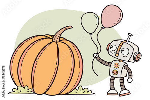 Cute robot holding balloons next to a large pumpkin