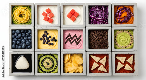 Vibrant assortment of diverse healthy snacks and colorful ingredients beautifully arranged in modern concrete bowls