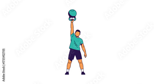 Graphic illustration of a man lifting a kettlebell overhead for fitness training and strength exercise representation