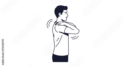 Illustration of a person performing a shoulder stretch, demonstrating flexibility and self-care exercises for physical wellness, improving posture