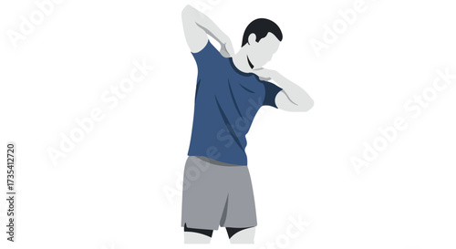 Illustration of a man in athletic wear stretching arms, preparing for training or recovering post-workout routine focusing on flexibility and fitness