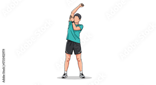 Digital illustration of a man stretching his arm overhead for flexibility before workout, fitness and warm up exercises