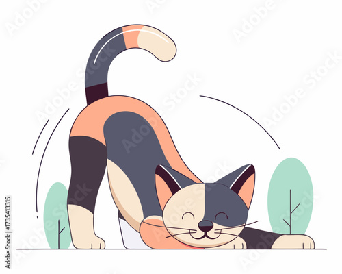 Cute calico cat stretching yawning in a playful pose