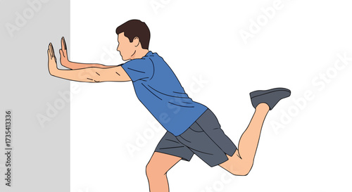Isolated athletic man demonstrating quadriceps stretch against a flat wall surface, showing proper alignment posture and form for effective physical