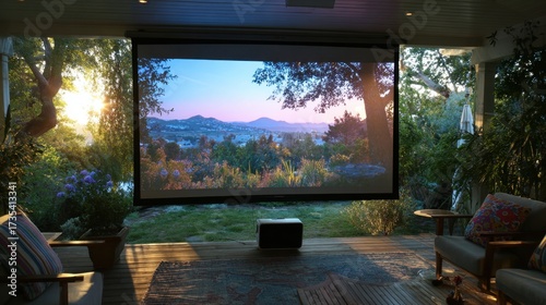 Outdoor home theater with projector in a serene backyard setting at sunset