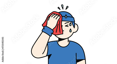 Illustration of a Sweaty Athlete Wiping Face After Intense Workout or Competition With a Towel, Conveying Exhaustion and Relief