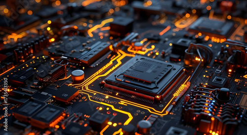 Futuristic motherboard with glowing orange circuits showcases the beauty of modern technology and electronic innovation