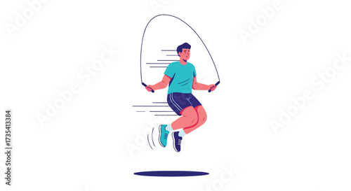 Energetic man executing jump rope workout, showcasing dedication to fitness and healthy lifestyle through cardio exercise and rhythmic movement