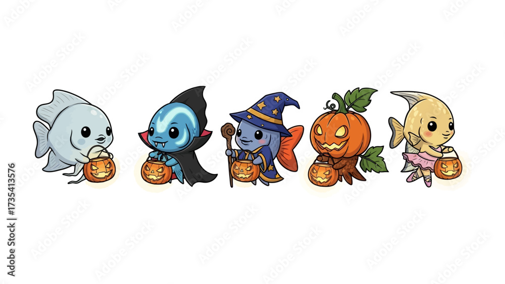 Φωτογραφία Halloween Fish Friends: A whimsical illustration featuring a charming assortment of dressed-up fish, each playfully participating in Halloween fun and carrying a trick-or-treat bucket