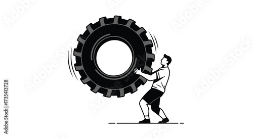 Monochrome illustration of a man carrying a very large tire, presenting a stylized fitness concept for athletic training and challenging strength