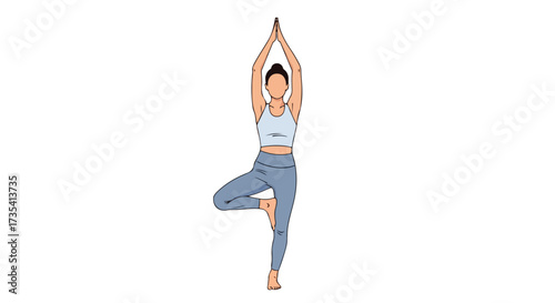 Illustration showing a woman in tree pose, symbolizing balance, health and serenity with arms raised above head for meditation wellness.