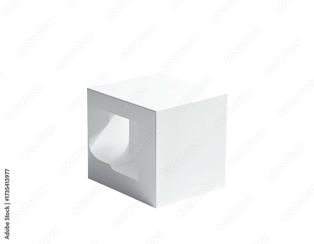Fototapeta premium White cube with a rectangular window, curved edges with paper emerging on black