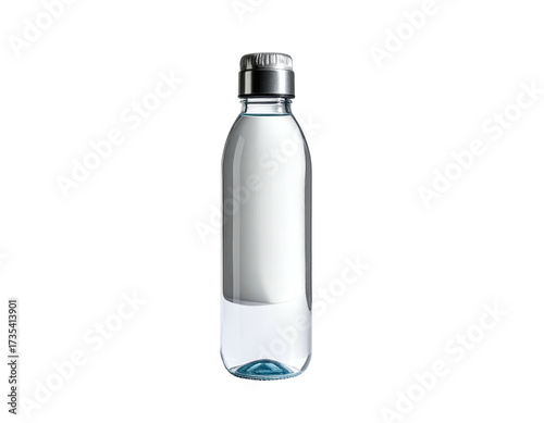 Clear water bottle with silver top, containing a clear liquid against a black backdrop