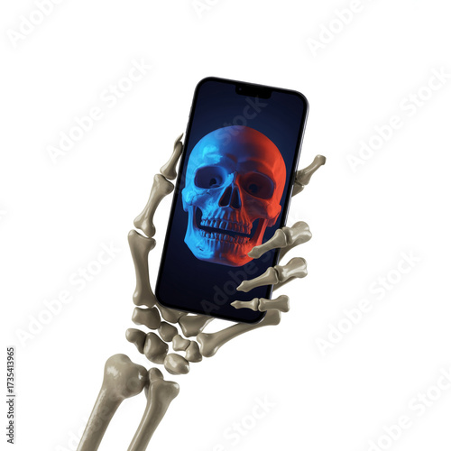 Skeleton hand holding phone with skull on screen, spooky tech vibe