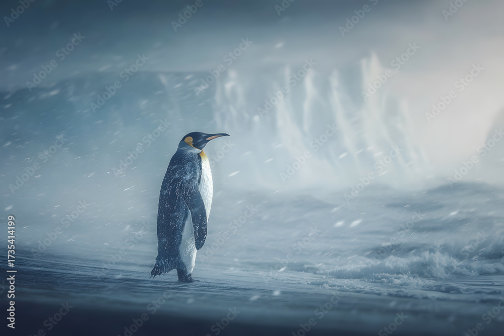 Obraz premium Majestic king penguin stands alone on icy shore amidst falling snow and rough seas