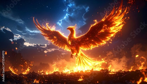 Fiery Illustration of Mythical Phoenix Rising from Flames Against Stormy Sky