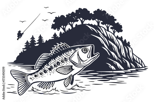 Fishing for a large bass fish jumping out of the water